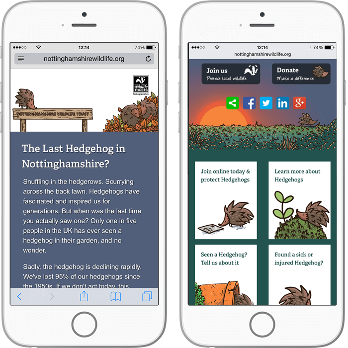 Nottinghamshire Wildlife Trust hedgehog website mobile view