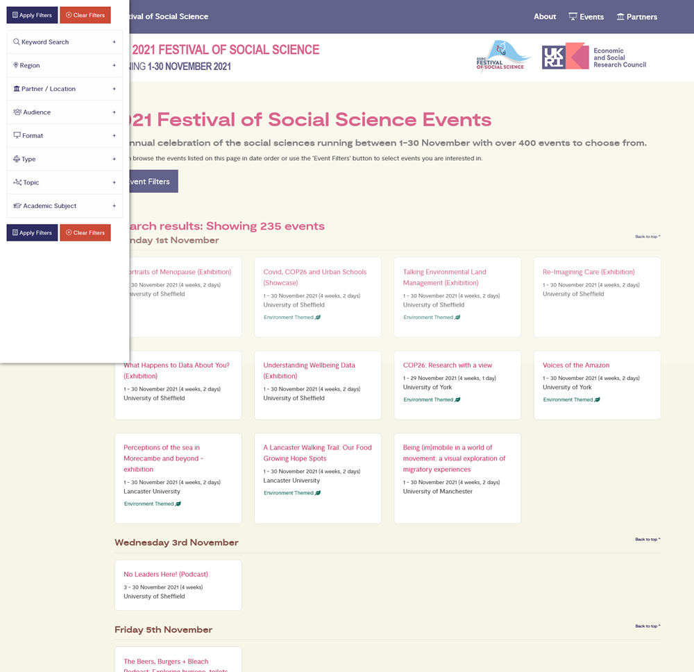 Festival of Social Science 2021 Event search and filter facility