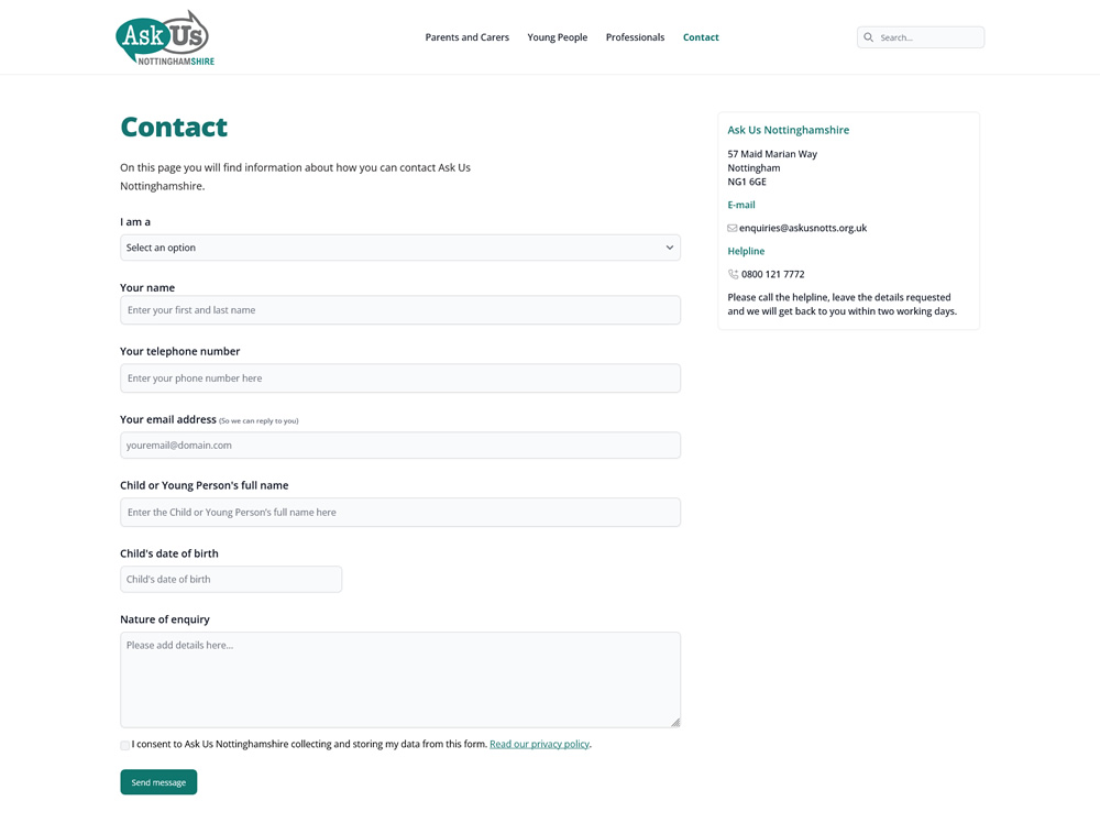 Ask Us Nottinghamshire Contact Form